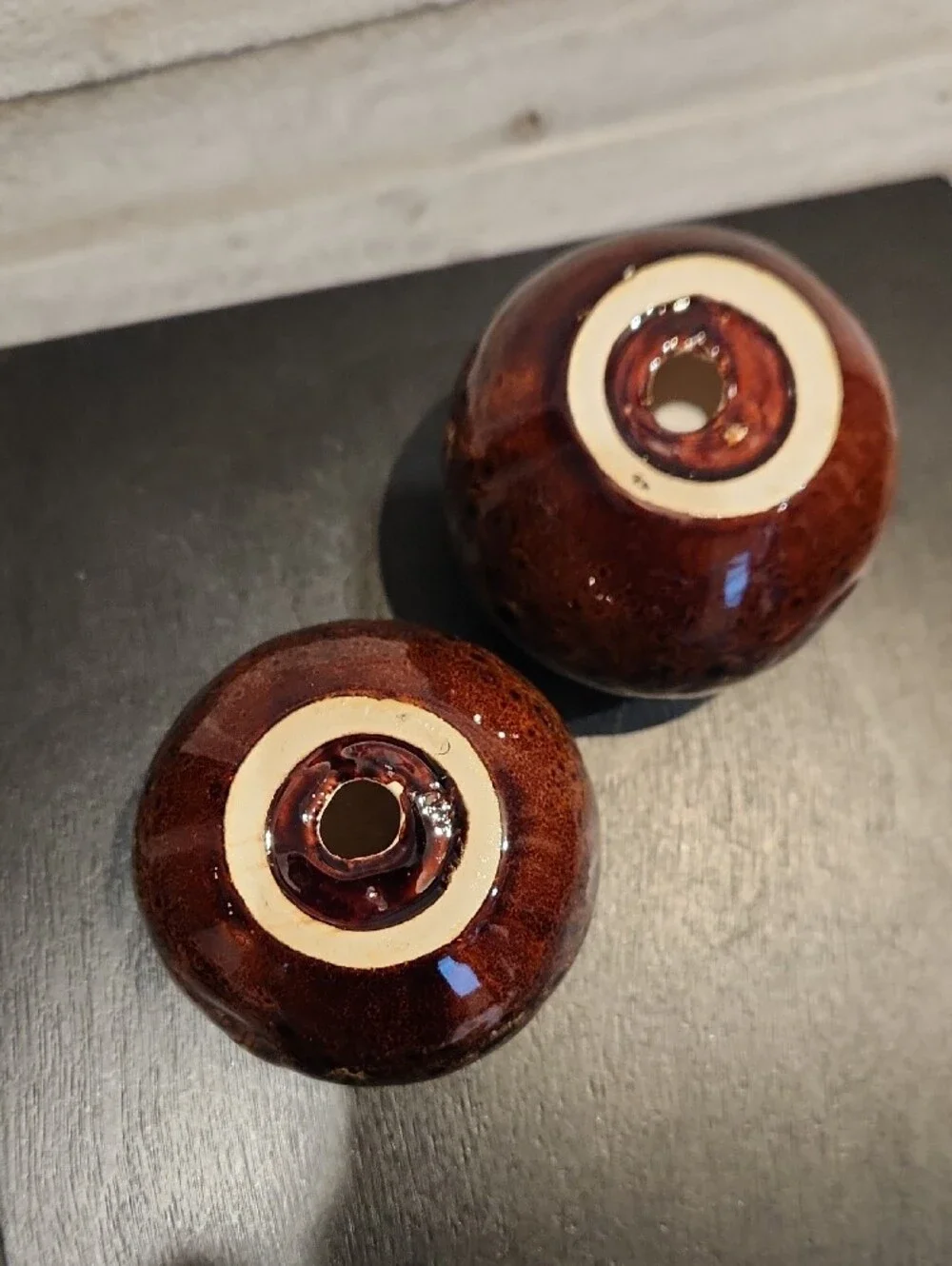Glazed Ceramic Sphere Votive Candle Holders - Brown Pair